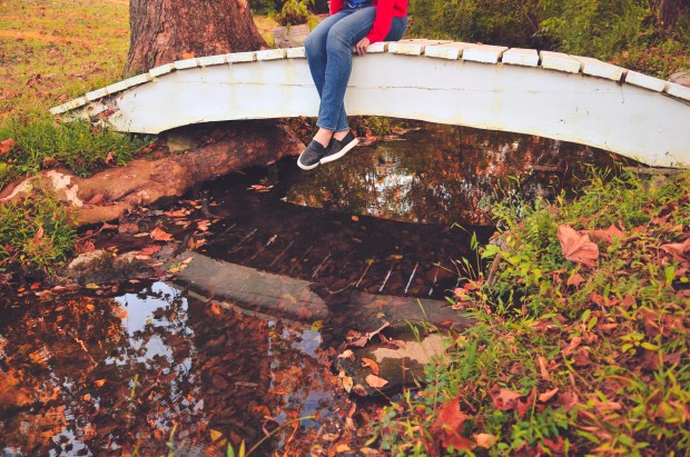 Girl Sitting On Bridge With Stream And Fall Leaves_ (1)